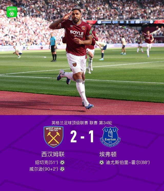 九游娱乐app下载-西汉姆联2-1埃弗顿，威尔逊补时绝杀，绍切克头槌+门线救险